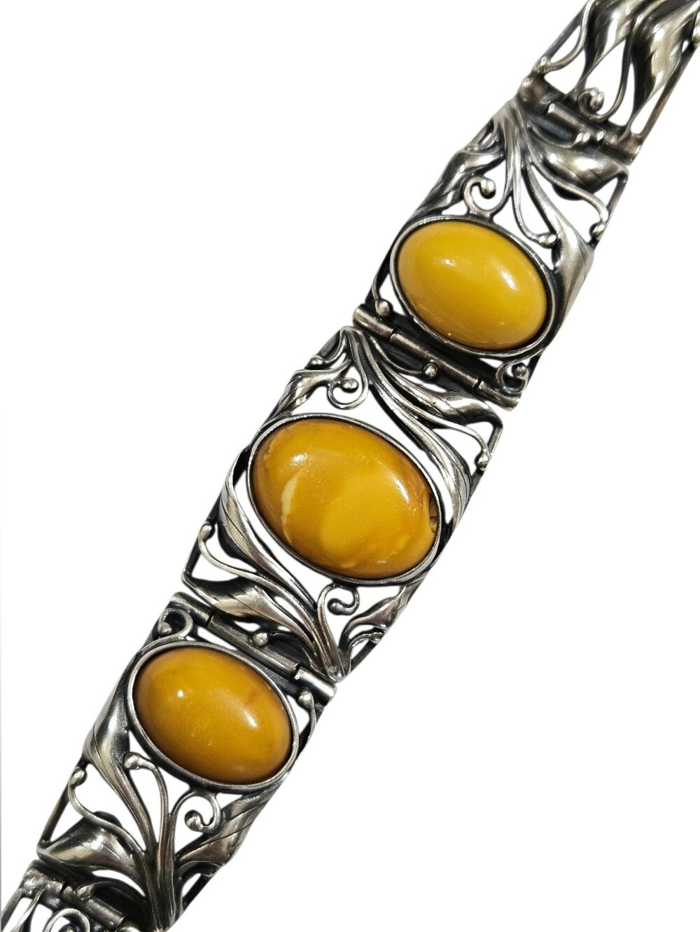 Vintage 925 Sterling Silver Egg Yolk Butterscotch Amber Art Nouveau Bracelet